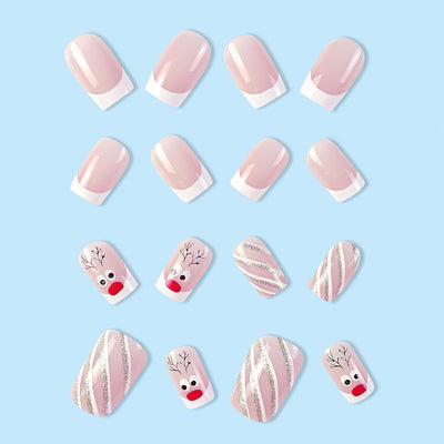 Christmas Red Nose Design Press-On Nails Short Square Acrylic Set 24pcs Stick-On Manicure-Free Shipping