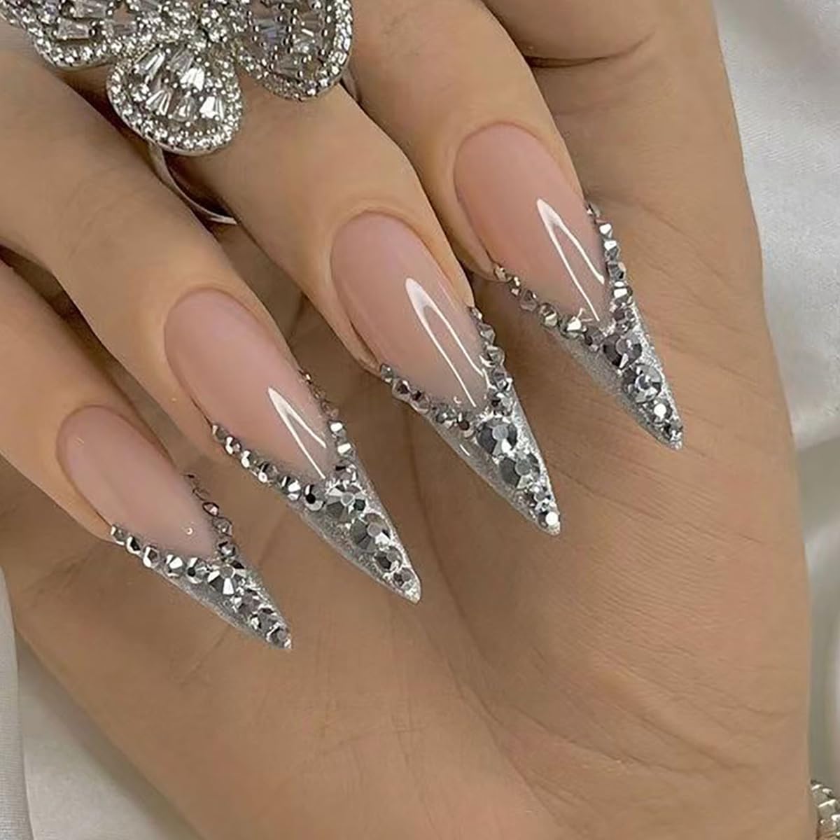 Stiletto Silver Glitter PressOn Long Fancy Fake Nails French Tips-Free Shipping