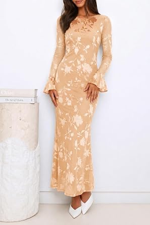 Timeless Floral Print Long Bell Sleeve Bodycon Maxi Dress-Free Shipping