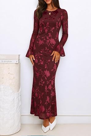 Romantic Floral Print Long Bell Sleeve Bodycon Maxi Dress-Free Shipping
