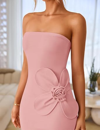 Elegant 3D Floral Applique Strapless Side Slit Bodycon Maxi Dress-Free Shipping