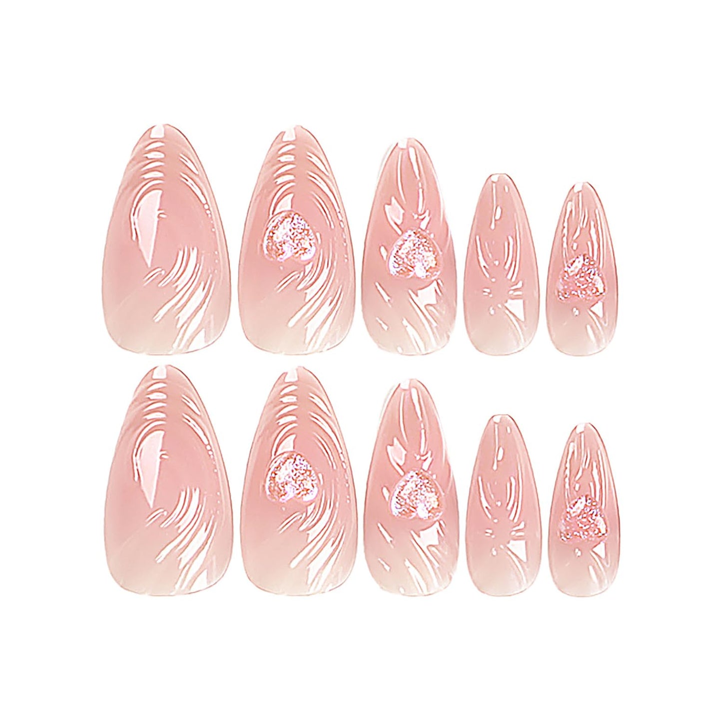 24PC Almond Glossy Press-On Nails - Medium Length, 3D Designs-Free Shipping