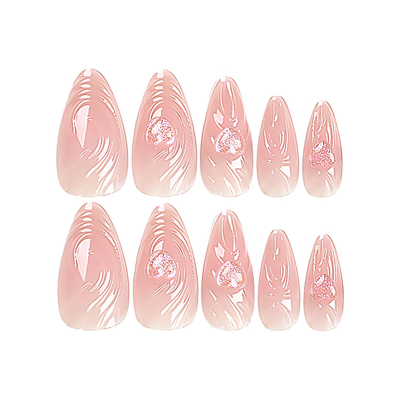 24PC Almond Glossy Press-On Nails - Medium Length, 3D Designs-Free Shipping