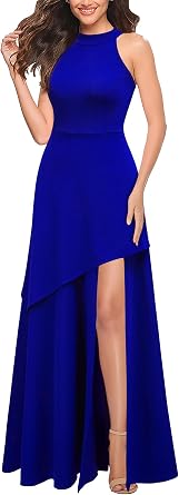 Graceful Halter Hi-Lo Slit Fit and Flare Maxi Dress-Free Shipping