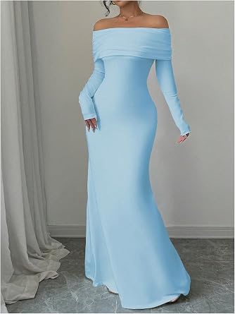 Sophisticated Off-Shoulder Long Sleeve Open-Back Bodycon Mermaid Dress-Free Shipping