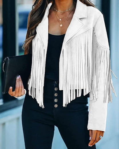 Trendy White Women’s Leather Boyfriend Cropped Jacket with Tassels Edgy and Trendy-Free Shipping