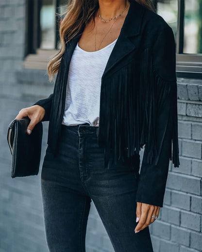 Trendy White Women’s Leather Boyfriend Cropped Jacket with Tassels Edgy and Trendy-Free Shipping