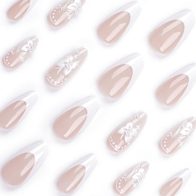 24PC Almond Glossy Press-On Nails - Medium Length, 3D Designs-Free Shipping