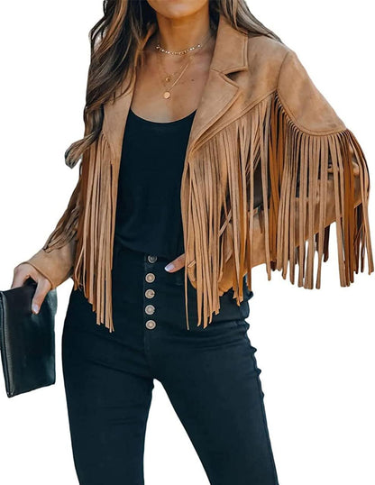 Trendy White Women’s Leather Boyfriend Cropped Jacket with Tassels Edgy and Trendy-Free Shipping