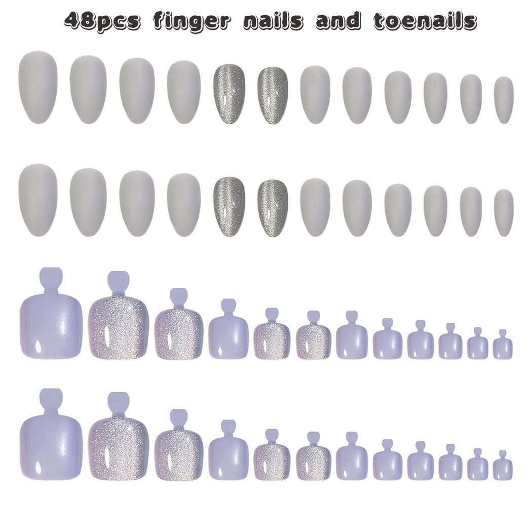 Stylish Silver Press-On Nail Set for Fingers and Toes, Shimmer and Glossy Finish-Free Shipping