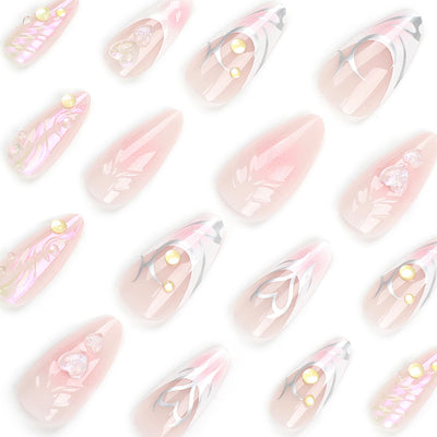 24PC Almond Glossy Press-On Nails - Medium Length, 3D Designs-Free Shipping