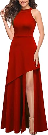 Graceful Halter Hi-Lo Slit Fit and Flare Maxi Dress-Free Shipping
