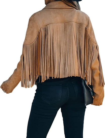 brown leather cropped jacket with tassels