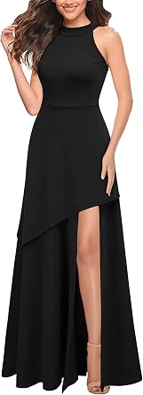Chic Halter Hi-Lo Slit Fit and Flare Maxi Dress-Free Shipping