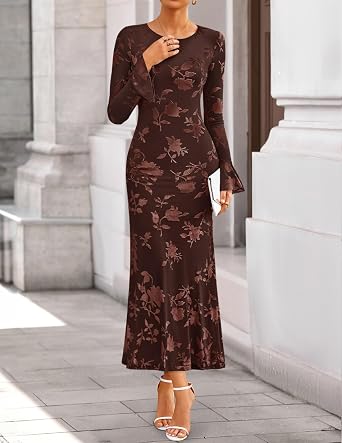 Timeless Floral Print Long Bell Sleeve Bodycon Maxi Dress-Free Shipping