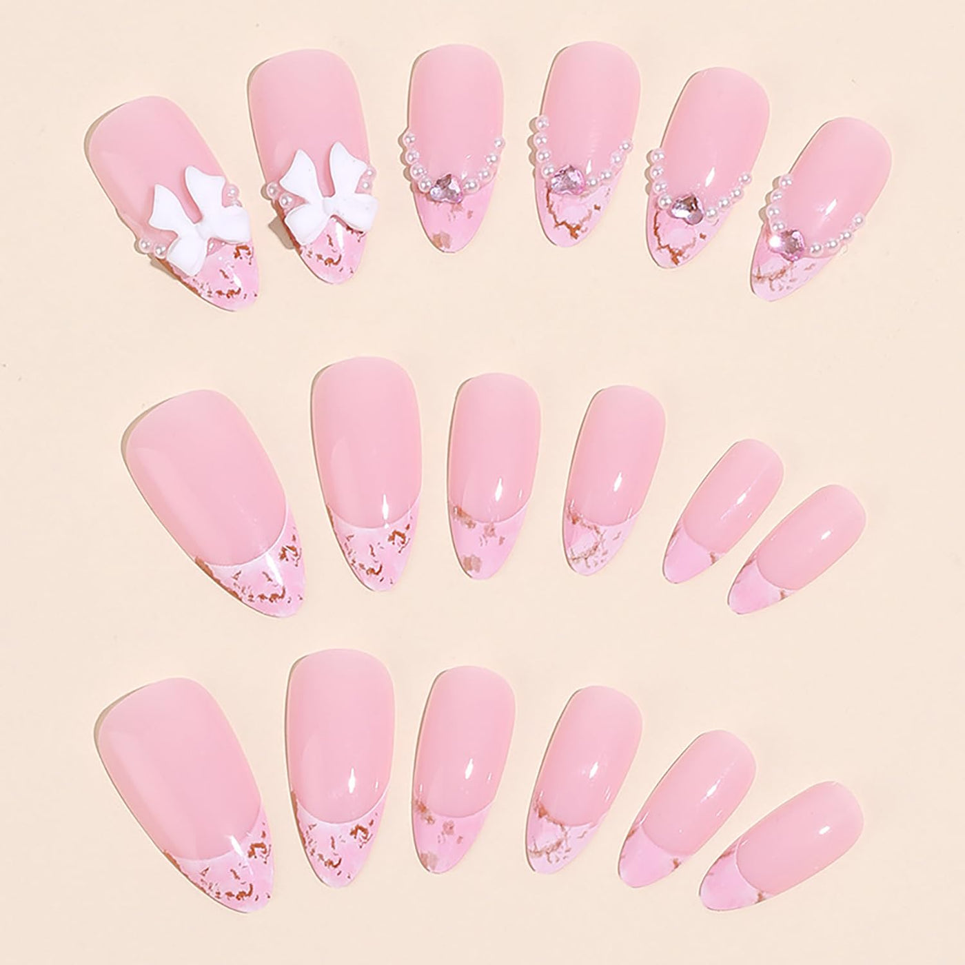 24PC Almond Glossy Press-On Nails - Medium Length, 3D Designs-Free Shipping