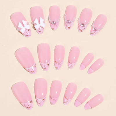 24PC Almond Glossy Press-On Nails - Medium Length, 3D Designs-Free Shipping