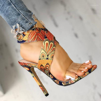 Multicolor Printed Open Toe Stiletto High Heels - Free Shipping