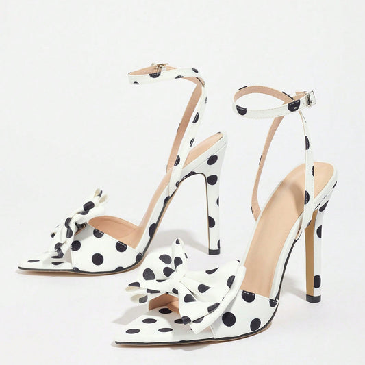 Elegant Silk Polka-Dot Pointed-Toe High Heels with Bow Detail - Free Shipping