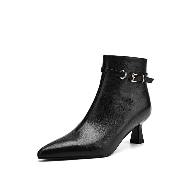 Sheepskin Upper Pointed Toe Side Buckle Retro High Heels Boots - Free Shipping