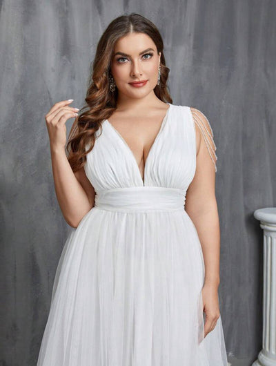 Elegant Plus Size Flowy Plunging Neckline Tulle Full Length Maxi Dress-Free Shipping