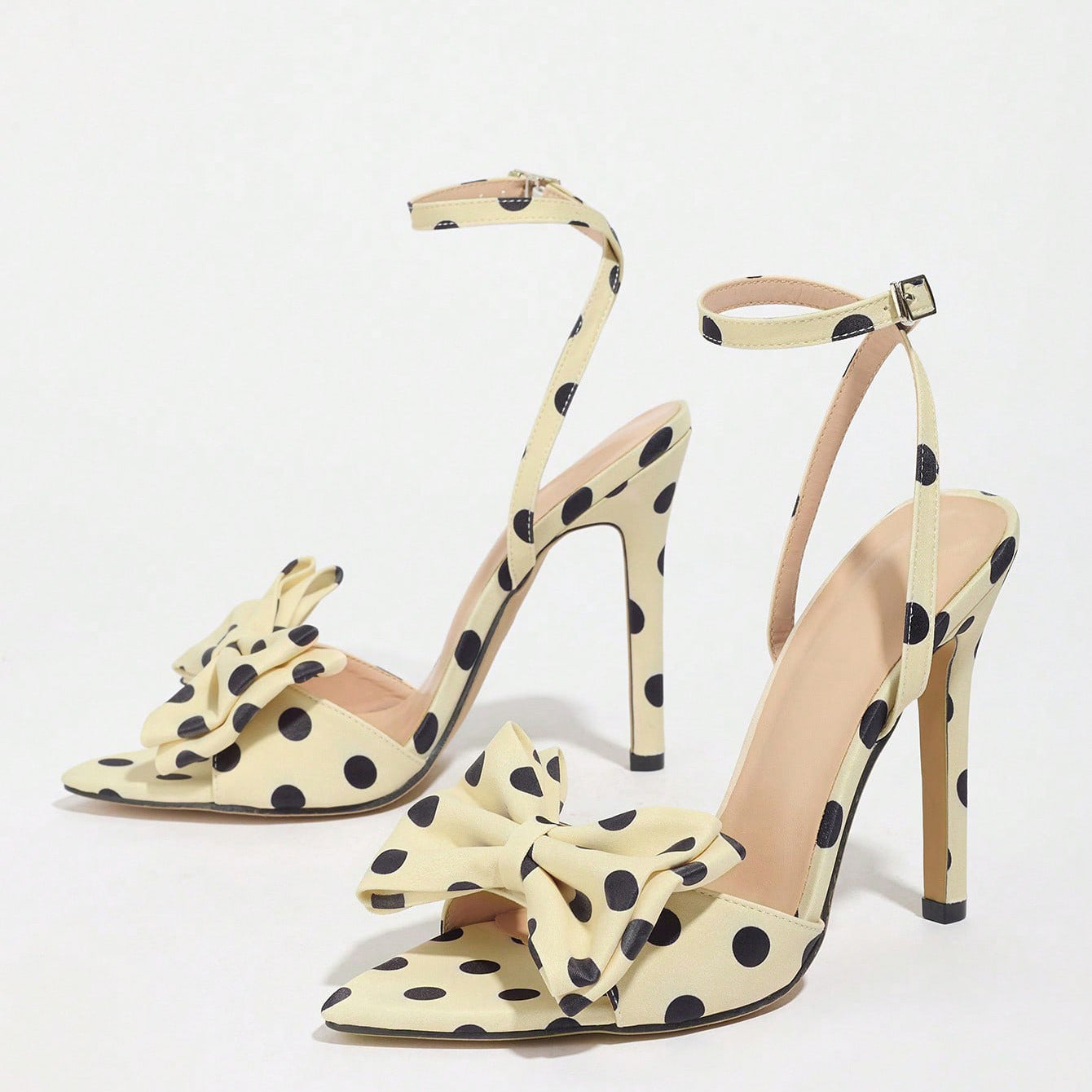 Elegant Silk Polka-Dot Pointed-Toe High Heels with Bow Detail - Free Shipping