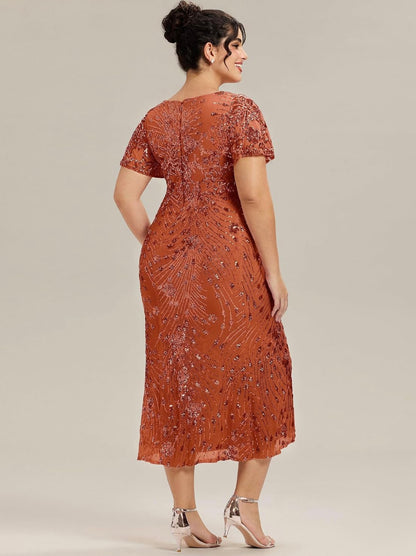 Elegant Plus Size Sequin V-Neck Flutter Sleeve Maxi Dress - Free Shipping
