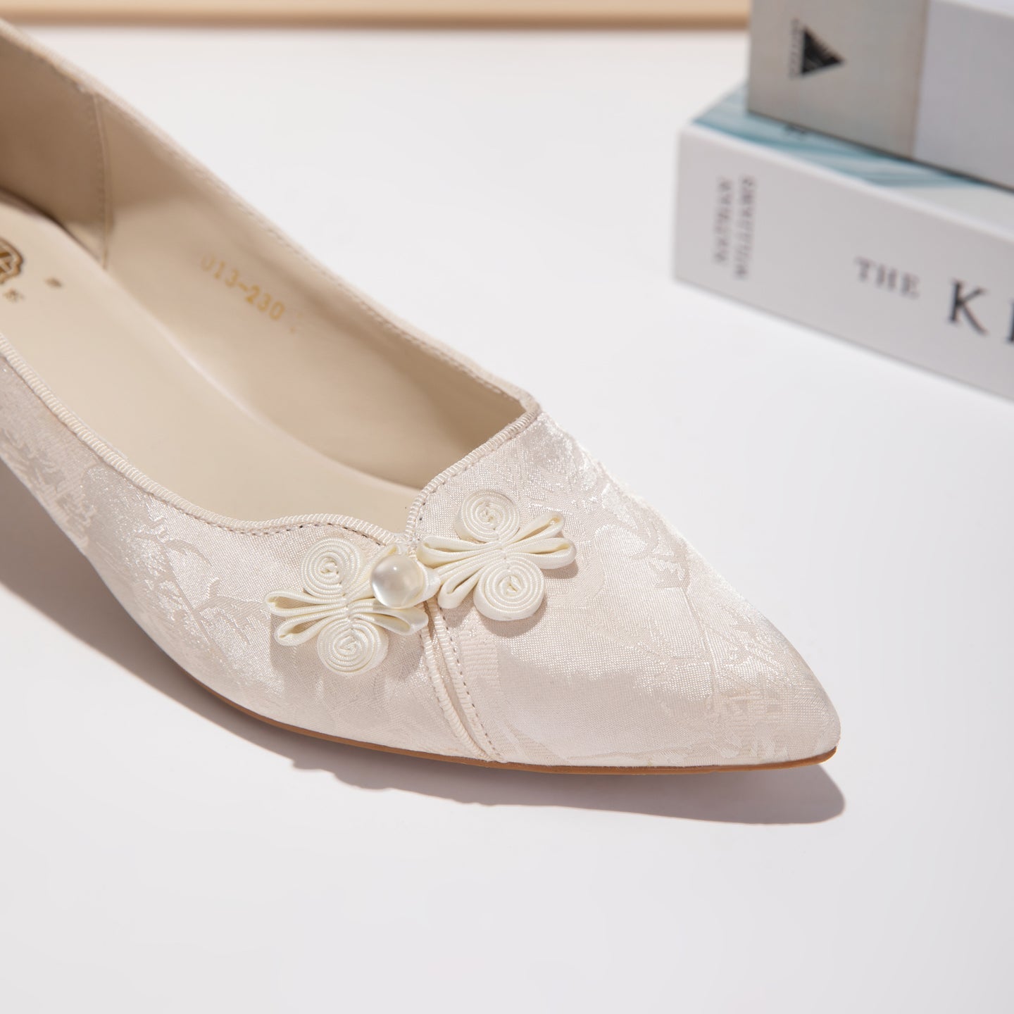 Jacquard Floral Pearl Satin Pointed-Toe Kitten Heels - Free Shipping