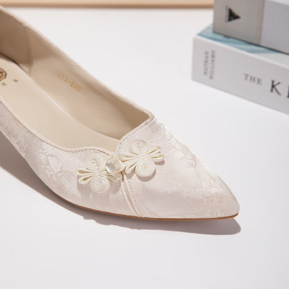 Jacquard Floral Pearl Satin Pointed-Toe Kitten Heels - Free Shipping