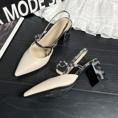 Pointed-Toe Open-Heel T-Strap Buckle Chunky High Heels - Free Shipping