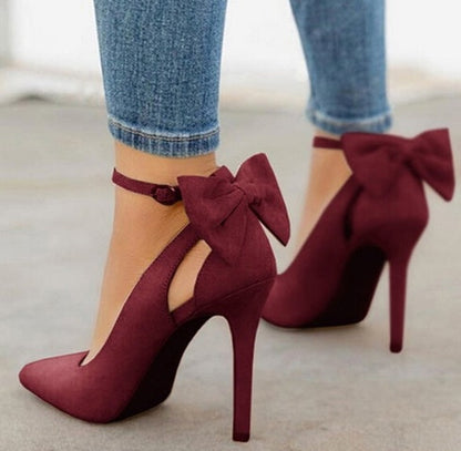 Bow Pointed-Toe Faux Leather Stiletto High Heels - Free Shipping