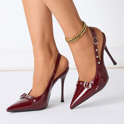 Pointed-Toe  Synthetic Leather Buckle Rivet Stiletto Heels - Free Shipping