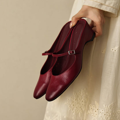 Leather Low Heel Square Toe Mary Jane Mules Sandals - Free Shipping