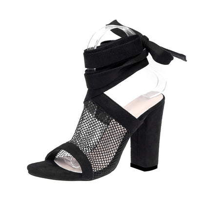 Lace-Up Bandage Open-Toe Flock High Heels - Free Shipping