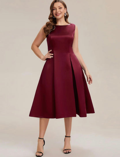 Elegant Plus Size Satin Sleeveless Fit and Flare Midi Dress, Burgundy front second pose