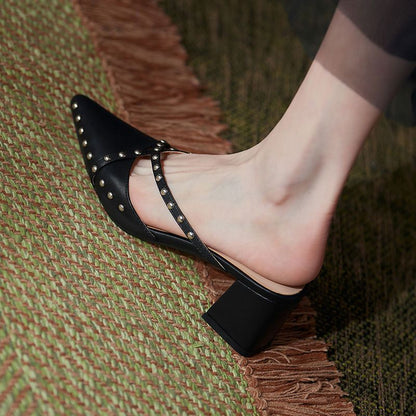 Stylish Studded Pointed Toe Slip-On Block Heels - Free Shipping