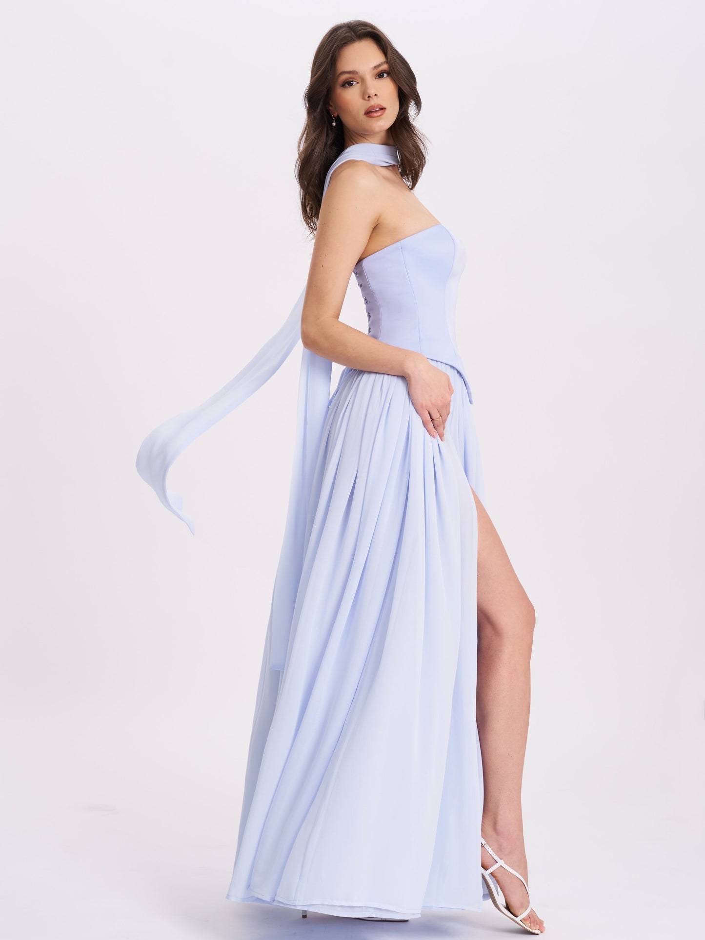 Miss Circle Qianna Baby Blue Peplum Drop Waist Chiffon Gown - Free Shipping