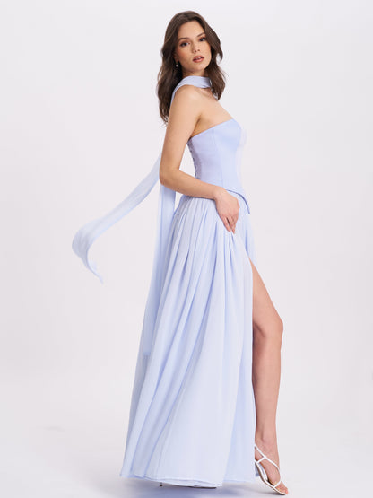 Miss Circle Qianna Baby Blue Peplum Drop Waist Chiffon Gown - Free Shipping
