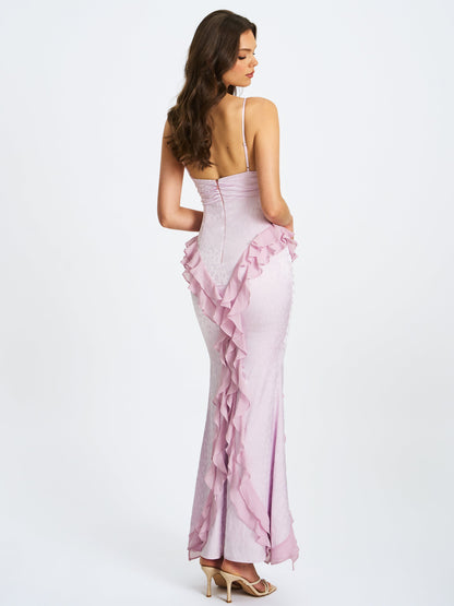 Miss Circle Romantic Paolina Taro Pink Jacquard Ruffle Mermaid Maxi Dress - Free Shipping