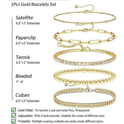 14K Gold Filled Bracelet Set: Tennis, Cuban, Beaded, Paperclip