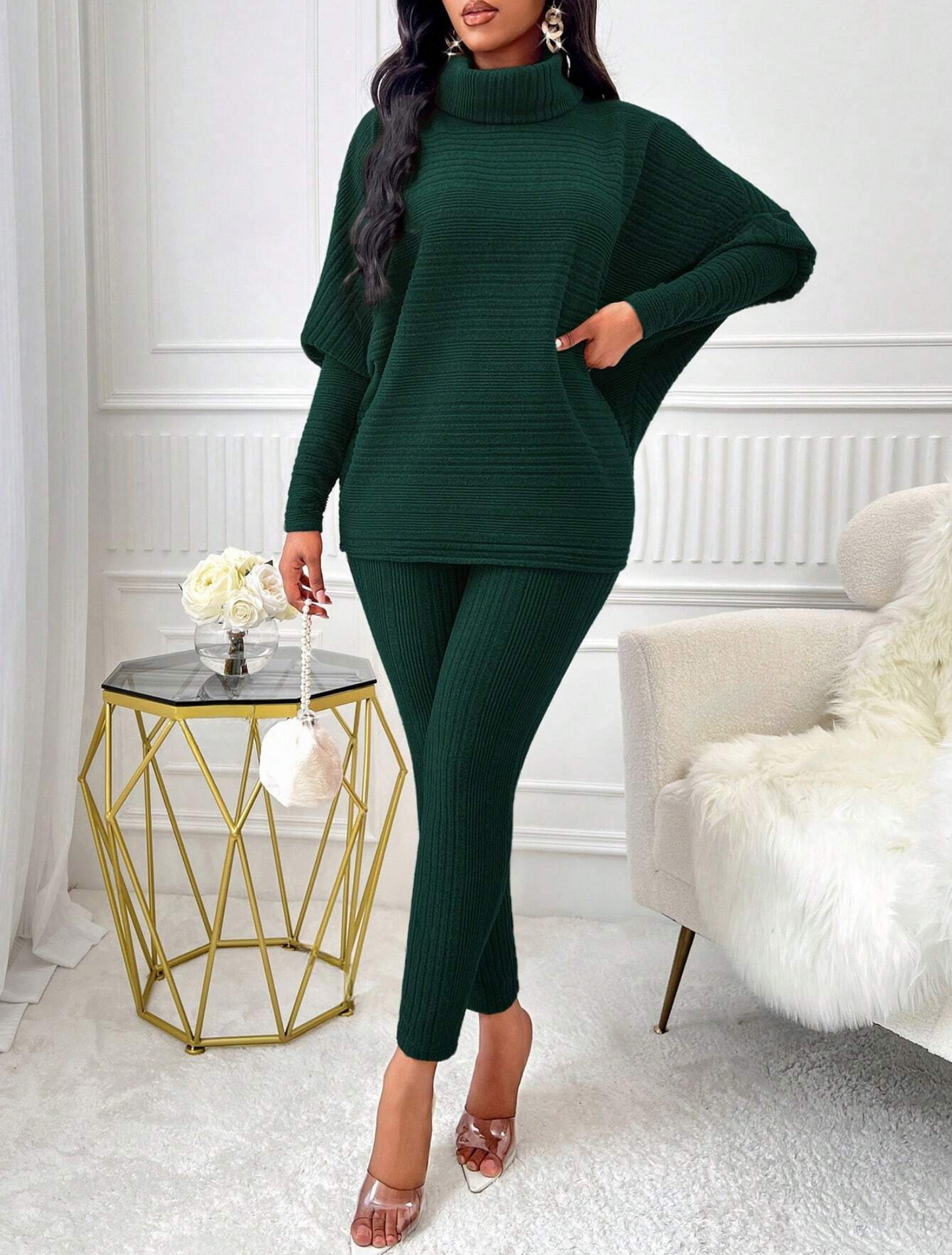 Chic 2-Piece Light Gray Solid Ribbed Turtleneck Batwing Sweater & Leggings Set - Free Shipping