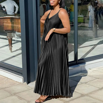 Elegant Pleated Summer Dress - Loose Waisted V-Neck Spaghetti Strap Maxi Dress-S-XXXL-Free Shipping