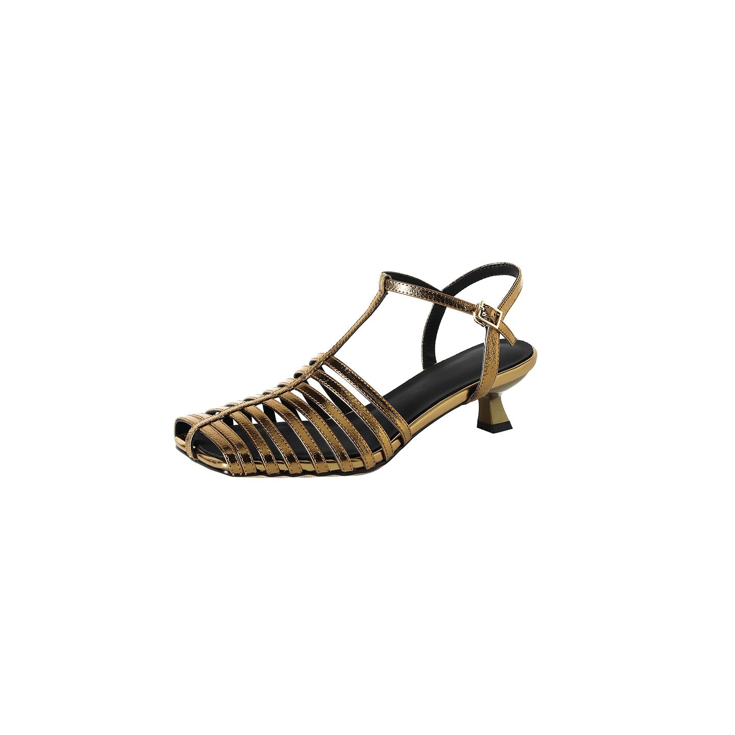 Lambskin Cage T-Strap Slingback Open-Toe Kitten Heels - Free Shipping