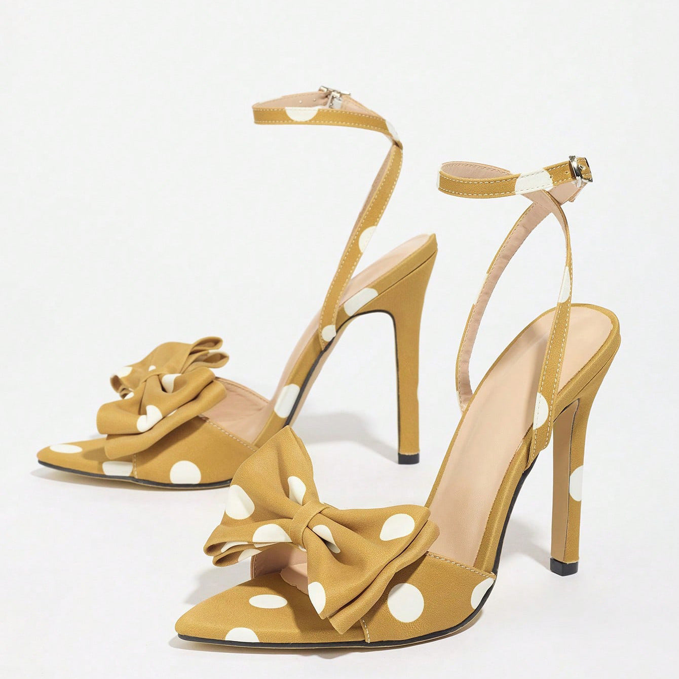 Elegant Silk Polka-Dot Pointed-Toe High Heels with Bow Detail - Free Shipping