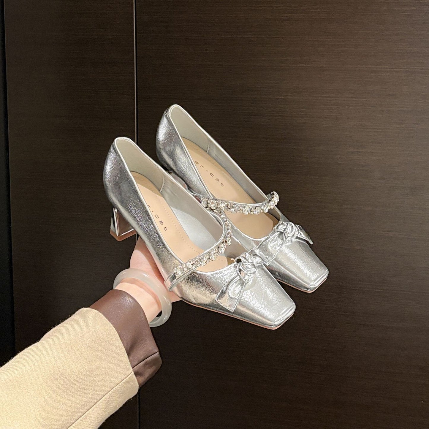 Rhinestone French Style Pointed Toe Chunky Mary Jane Heels -  Free Shipping