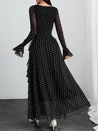Beautiful Floral Printed Long Bell-Sleeve Ruffle Flowy Maxi Dress-Free Shipping
