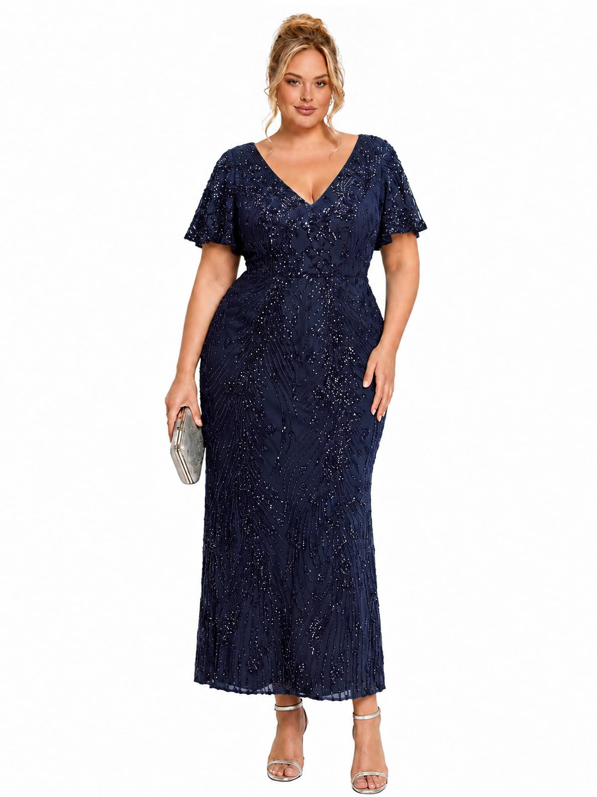Elegant Plus Size Sequin V-Neck Flutter Sleeve Maxi Dress, Navy Blue front