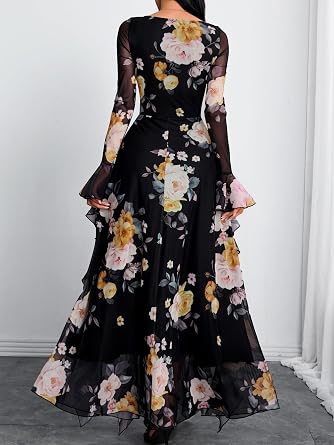 Romantic Floral Printed Long Bell-Sleeve Ruffle Flowy Maxi Dress-Free Shipping
