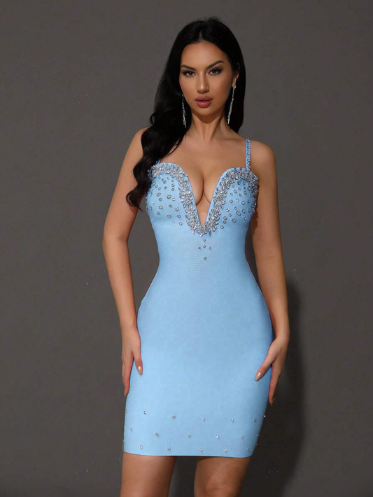 Stylish Blue Rhinestone Deep V-Neck Plunging Bandage Evening Dress-Free Shipping