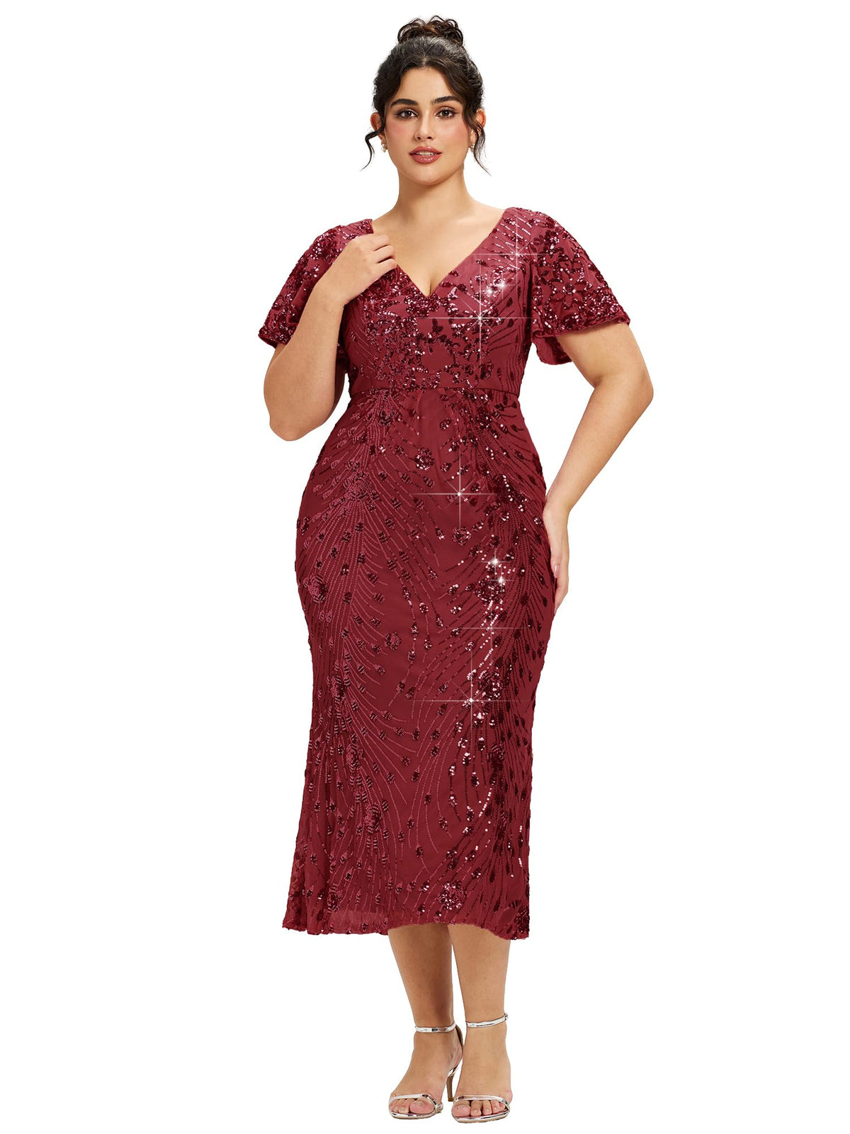 Stunning Plus Size Sequin V-Neck Flutter Sleeve Maxi Dress, Burgundy front